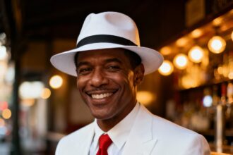 Zé Pelintra realista de terno branco, chapéu panamá e gravata vermelha. dia de ze pelintra