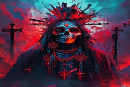 Exu Caveira em uma pintura digital vibrante com caveira e elementos simbólicos.