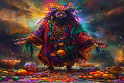 Imagem de Exu em uma encruzilhada, representando a espiritualidade e a conexão com os orixás.