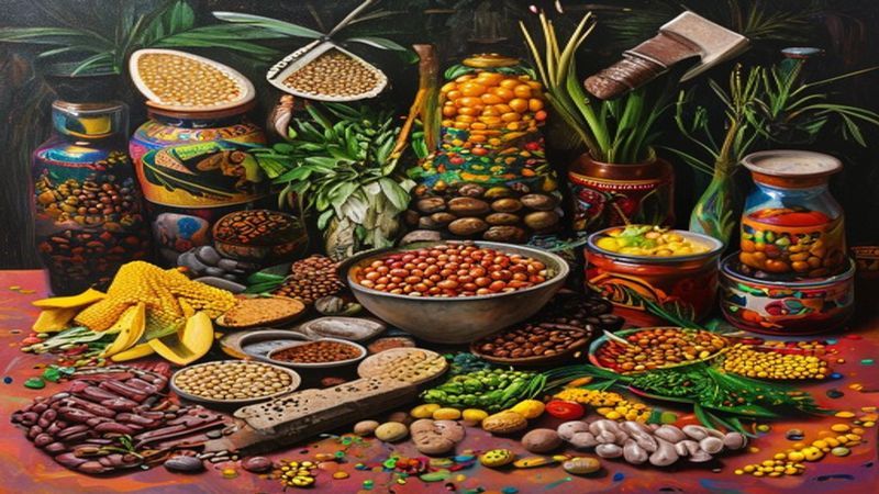 Oferenda ritual para Xangô com alimentos e símbolos tradicionais.