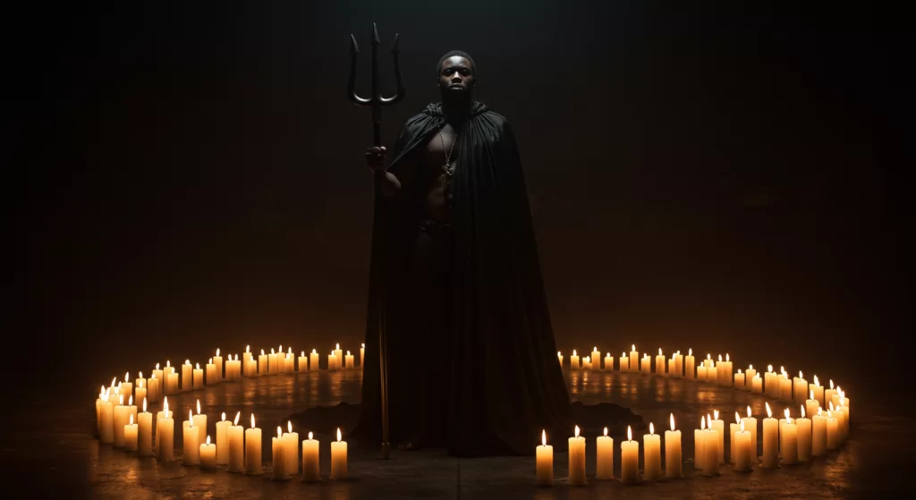 Exu Capa Preta com sua capa negra, tridente e velas ao redor, representando proteção e mistério.